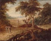 unknow artist, A wooded landscape with travellers and a horseman on a track